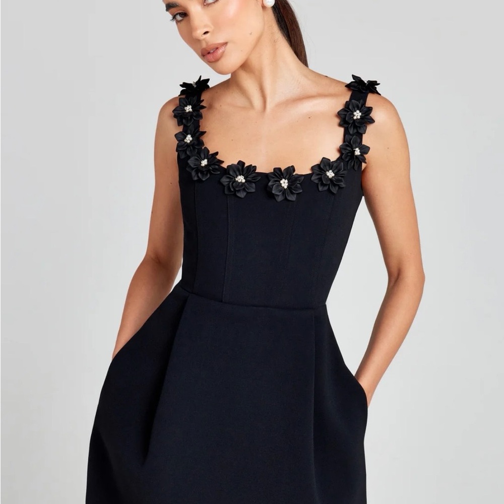 NADINE MERABI Black Floral-Trim Square Neck Mini Dress